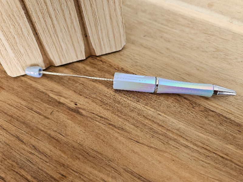 Beadable plastic pen with black ink, color blue opal